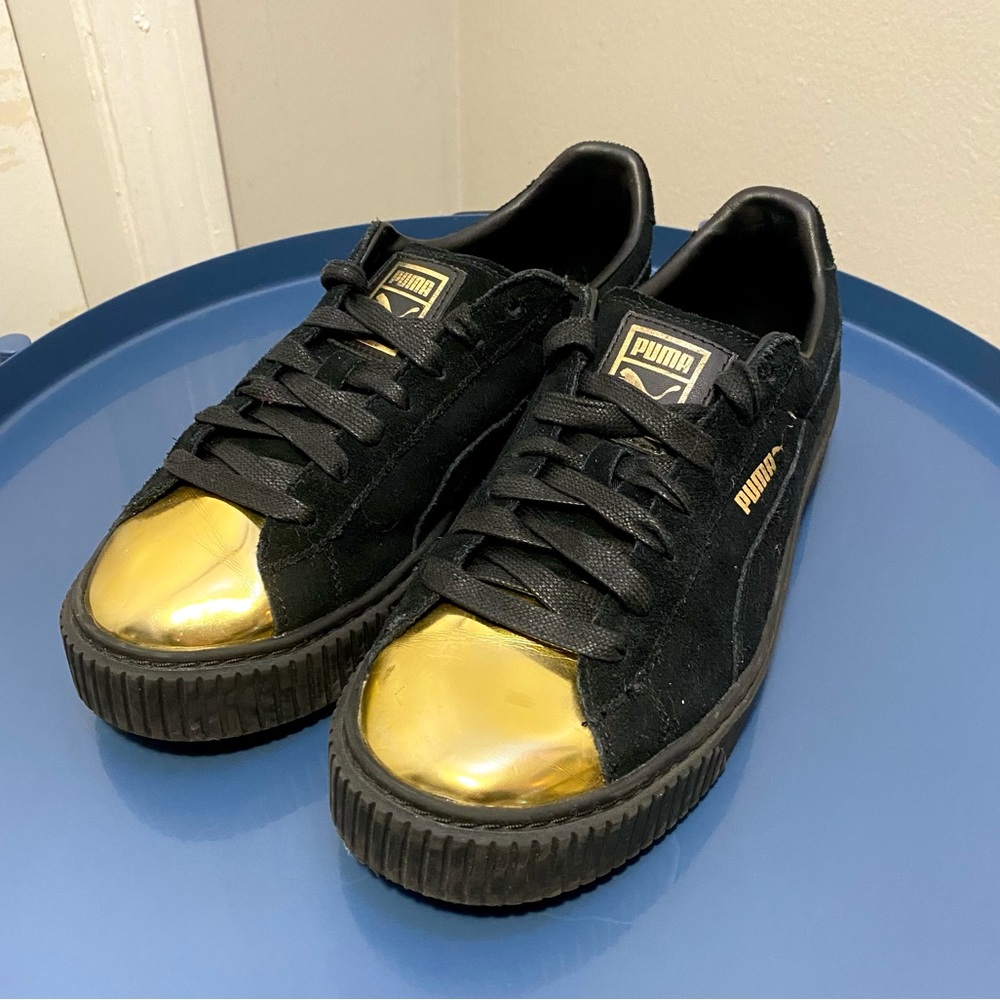 Gold Toe Black Suede Pumas